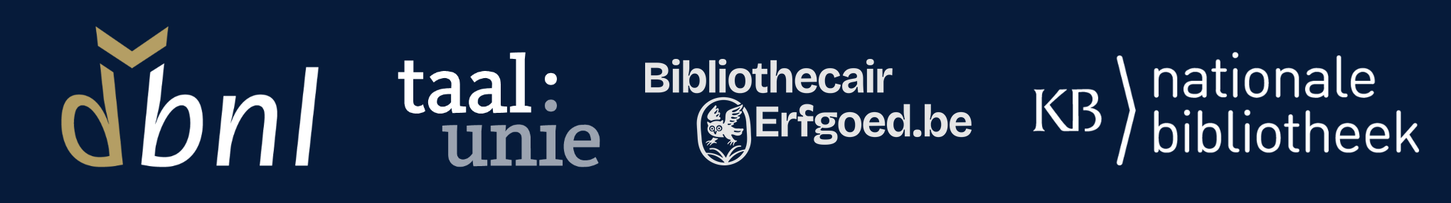 Logo's van DBNL en samenwerkingspartners: Taalunie, BibliothecairErfgoed.be en KB, nationale bibliotheek.