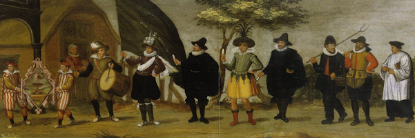 Kopfoto van de DBNL-nieuwsbrief. De intrede van de Dordtse rederijkerskamer De Fonteynisten voor de rederijkerswedstrijd in Vlaardingen in 1616.